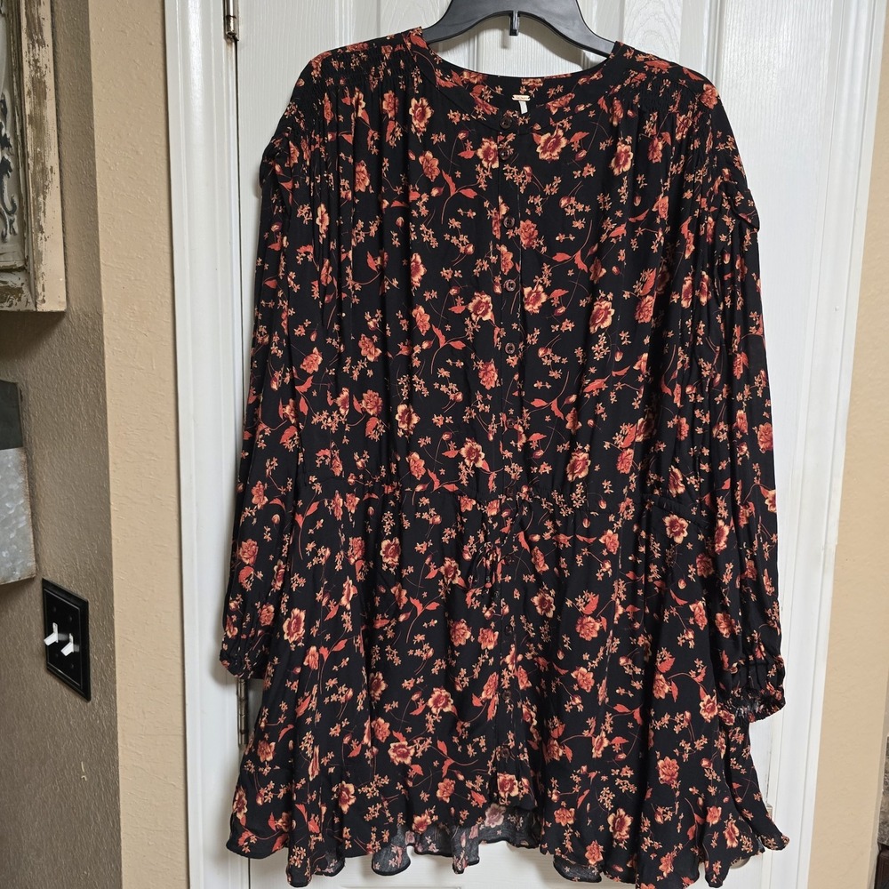 Free‎ People Womens Mini Dress Size Small Black & Orange Floral Button Front